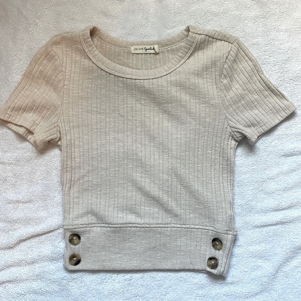 Biege Cropped Short Sleeve Sweater